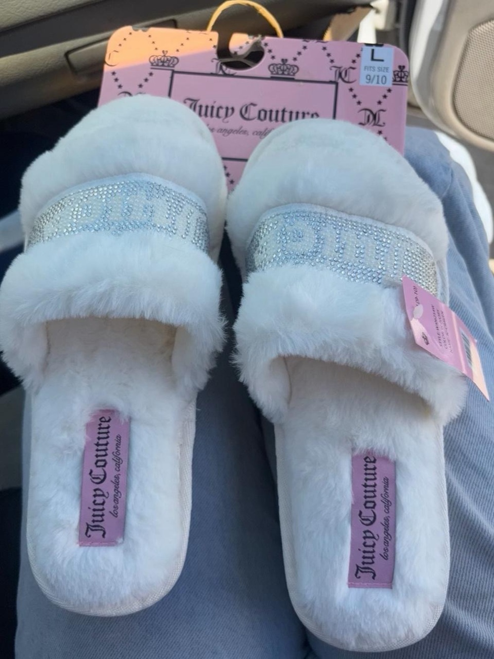 Juicy Couture White Faux-Fur Slide Slippers with Crystal-Embellished Strap